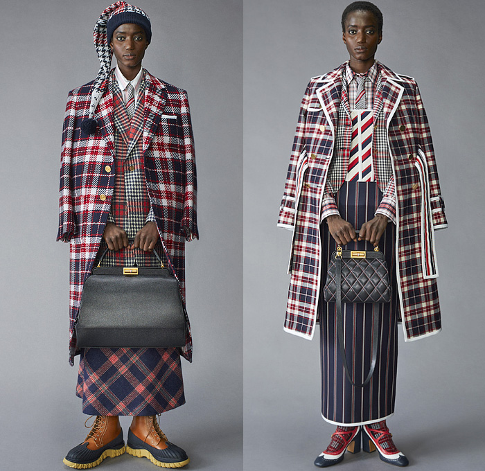 Thom Browne 2021 Pre-Fall Autumn Womens Lookbook Presentation - Scout Uniform Plaid Check Military Trench Coat Tuxedo Jacket Blazer Bow Tie Stripes Corset Wool Tweed Kilt Skirt Salmon Bear Dandelions Quilted Puffer Accordion Pleats Fleece Knit Cap Top Hat Ribbons Patchwork Panels Half Split Straps Shorts Landscape Illustration Drawing Scarf Mullet High-Low Hem Frayed Athletic Socks Duck Boots Brogues Kitten Heels Animal Fish Doctor Handbag