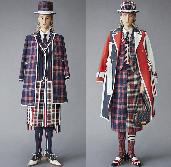 Thom Browne 2021 Pre-Fall Autumn Womens Lookbook Presentation - Scout Uniform Plaid Check Military Trench Coat Tuxedo Jacket Blazer Bow Tie Stripes Corset Wool Tweed Kilt Skirt Salmon Bear Dandelions Quilted Puffer Accordion Pleats Fleece Knit Cap Top Hat Ribbons Patchwork Panels Half Split Straps Shorts Landscape Illustration Drawing Scarf Mullet High-Low Hem Frayed Athletic Socks Duck Boots Brogues Kitten Heels Animal Fish Doctor Handbag