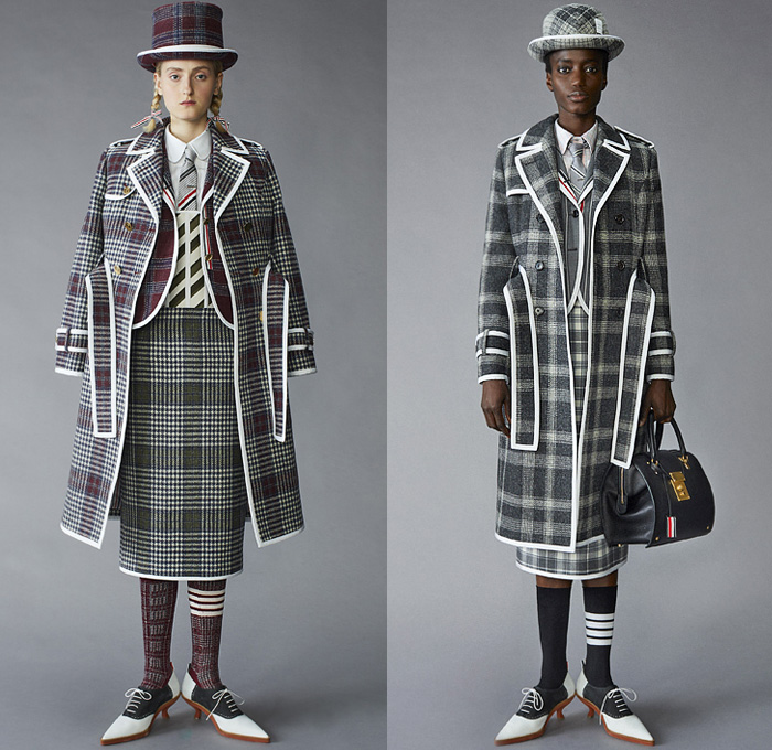 Thom Browne 2021 Pre-Fall Autumn Womens Lookbook Presentation - Scout Uniform Plaid Check Military Trench Coat Tuxedo Jacket Blazer Bow Tie Stripes Corset Wool Tweed Kilt Skirt Salmon Bear Dandelions Quilted Puffer Accordion Pleats Fleece Knit Cap Top Hat Ribbons Patchwork Panels Half Split Straps Shorts Landscape Illustration Drawing Scarf Mullet High-Low Hem Frayed Athletic Socks Duck Boots Brogues Kitten Heels Animal Fish Doctor Handbag