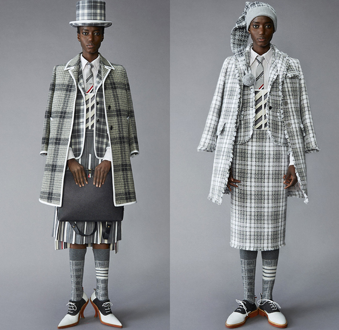 Thom Browne 2021 Pre-Fall Autumn Womens Lookbook Presentation - Scout Uniform Plaid Check Military Trench Coat Tuxedo Jacket Blazer Bow Tie Stripes Corset Wool Tweed Kilt Skirt Salmon Bear Dandelions Quilted Puffer Accordion Pleats Fleece Knit Cap Top Hat Ribbons Patchwork Panels Half Split Straps Shorts Landscape Illustration Drawing Scarf Mullet High-Low Hem Frayed Athletic Socks Duck Boots Brogues Kitten Heels Animal Fish Doctor Handbag