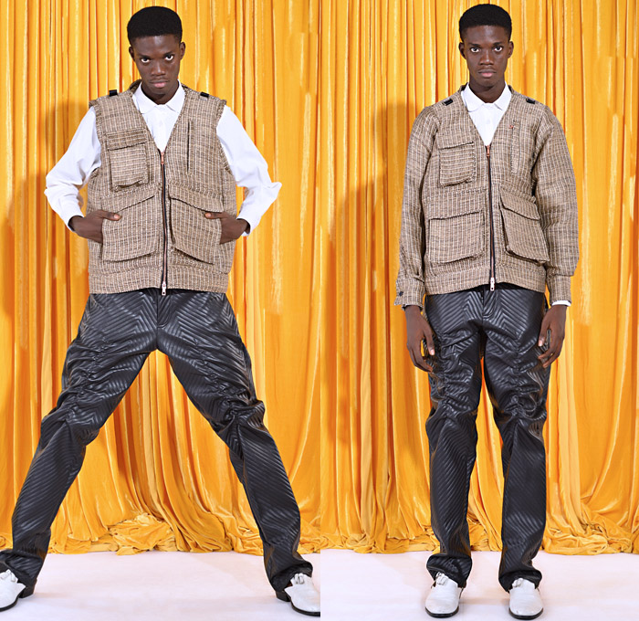 Tokyo James 2021-2022 Fall Autumn Winter Mens Lookbook Presentation - Milano Moda Uomo Milan Fashion Week Mens - Ogidi Okunrin Strong Man Yoruba Heritage Raffia Weave Ribbed Leather Zipper Puffer Vest Harness Cinch Wrinkled Bedazzled Sequins Long Sleeve Shirt Racing Check Chains Cargo Utility Pockets Coat Motorcycle Biker Jacket Blazer Suit Lace Up Grommets Slashed Patchwork Willy Wonka Reggie Tall Hat Leopard Tote Bag Mules Pouch