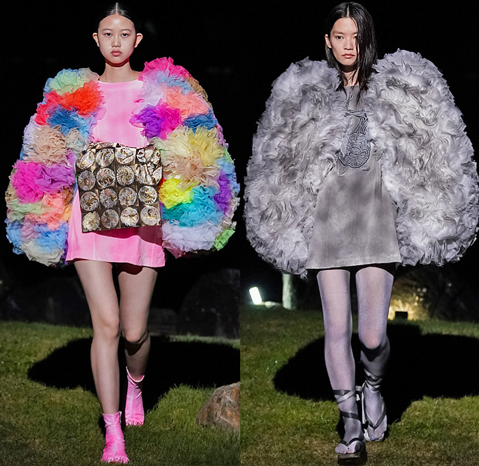 Tomo Koizumi 2021-2022 Fall Autumn Winter Womens Runway Catwalk Looks - Haute Couture Avant Garde High Fashion - Nijojo Nijo Castle Kyoto Japan Mythical Creatures Animals Dragon Lion Turtle Owl Crane Antelope Poufy Shoulders Sheer Tulle Ruffles Tiered Voluminous Puff Ball Colorful Gradient Dress Gown Noodle Strap Silk Satin Embroidery Opera Gloves Fan Strapless Leggings Tights Stockings Draped Train Gladiator Sandals Boots