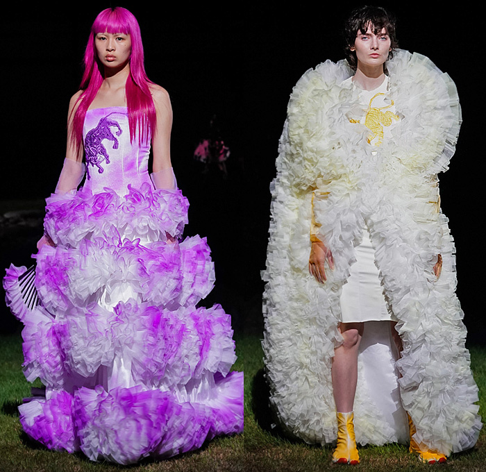 Tomo Koizumi 2021-2022 Fall Autumn Winter Womens Runway Catwalk Looks - Haute Couture Avant Garde High Fashion - Nijojo Nijo Castle Kyoto Japan Mythical Creatures Animals Dragon Lion Turtle Owl Crane Antelope Poufy Shoulders Sheer Tulle Ruffles Tiered Voluminous Puff Ball Colorful Gradient Dress Gown Noodle Strap Silk Satin Embroidery Opera Gloves Fan Strapless Leggings Tights Stockings Draped Train Gladiator Sandals Boots