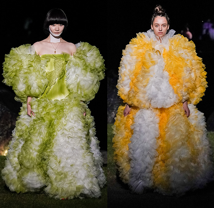 Tomo Koizumi 2021-2022 Fall Autumn Winter Womens Runway Catwalk Looks - Haute Couture Avant Garde High Fashion - Nijojo Nijo Castle Kyoto Japan Mythical Creatures Animals Dragon Lion Turtle Owl Crane Antelope Poufy Shoulders Sheer Tulle Ruffles Tiered Voluminous Puff Ball Colorful Gradient Dress Gown Noodle Strap Silk Satin Embroidery Opera Gloves Fan Strapless Leggings Tights Stockings Draped Train Gladiator Sandals Boots