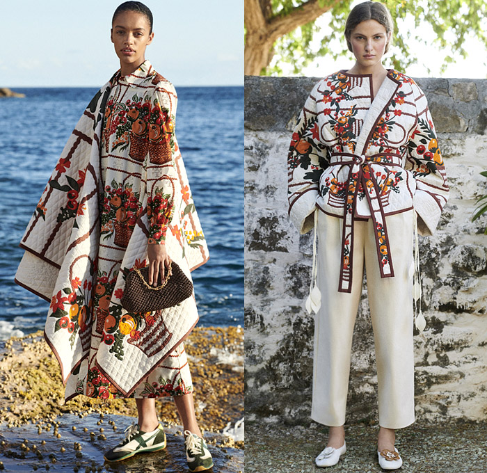 Tory Burch 2021 Pre-Fall Autumn Womens Lookbook Presentation - Simplicity Fruit Basket Quilted Poncho Onesie Shirtdress Caftan Hibiscus Flowers Floral Knit Crochet Vest Tabard Sweater Kimono Jacket Poufy Puff Sleeves Blouse Gingham Picnic Check Pantsuit Pussycat Bow Pompoms Lace Embroidery Tweed Fringes Sheer Chiffon Bedazzled Sequins Tassels Trompe L'oeil Wide Leg Cropped Pants Jogger Midi Skirt Strings Cinch Dress Gown Weave Handbag Clutch Sneakers Snakeskin Sandals Flats