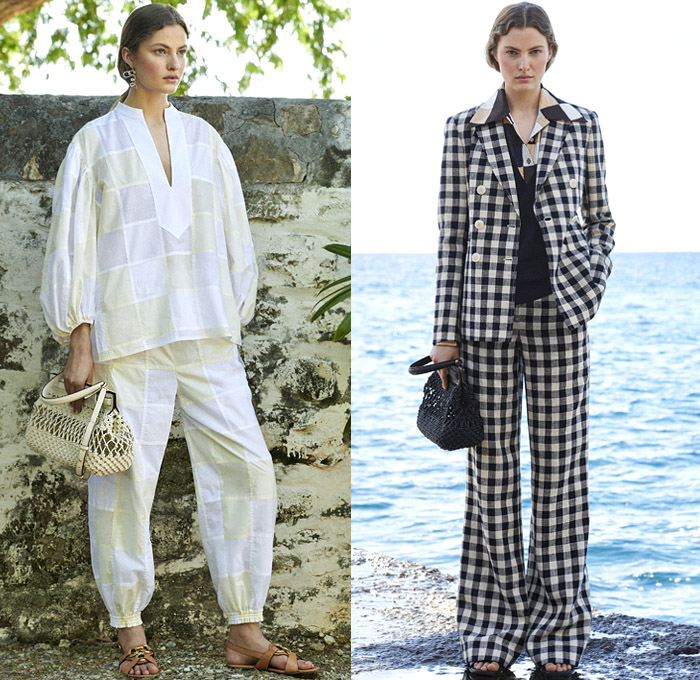 Tory Burch 2021 Pre-Fall Autumn Womens Lookbook Presentation - Simplicity Fruit Basket Quilted Poncho Onesie Shirtdress Caftan Hibiscus Flowers Floral Knit Crochet Vest Tabard Sweater Kimono Jacket Poufy Puff Sleeves Blouse Gingham Picnic Check Pantsuit Pussycat Bow Pompoms Lace Embroidery Tweed Fringes Sheer Chiffon Bedazzled Sequins Tassels Trompe L'oeil Wide Leg Cropped Pants Jogger Midi Skirt Strings Cinch Dress Gown Weave Handbag Clutch Sneakers Snakeskin Sandals Flats