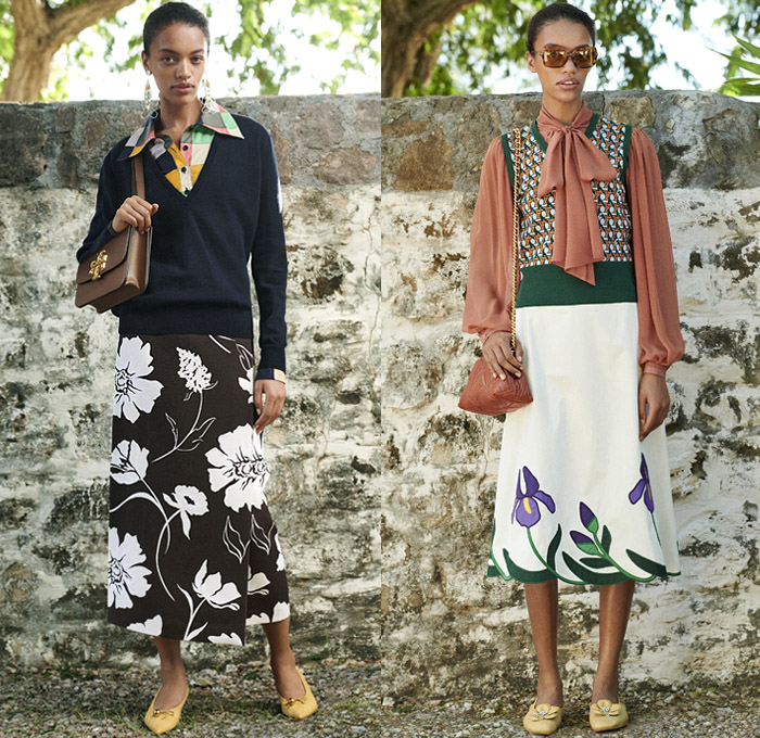 Tory Burch 2021 Pre-Fall Autumn Womens Lookbook Presentation - Simplicity Fruit Basket Quilted Poncho Onesie Shirtdress Caftan Hibiscus Flowers Floral Knit Crochet Vest Tabard Sweater Kimono Jacket Poufy Puff Sleeves Blouse Gingham Picnic Check Pantsuit Pussycat Bow Pompoms Lace Embroidery Tweed Fringes Sheer Chiffon Bedazzled Sequins Tassels Trompe L'oeil Wide Leg Cropped Pants Jogger Midi Skirt Strings Cinch Dress Gown Weave Handbag Clutch Sneakers Snakeskin Sandals Flats