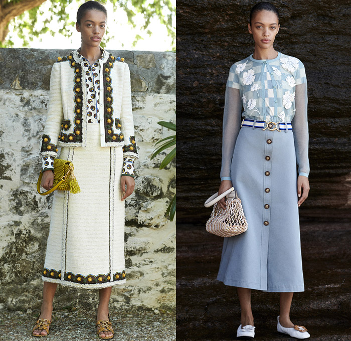 Tory Burch 2021 Pre-Fall Autumn Womens Lookbook Presentation - Simplicity Fruit Basket Quilted Poncho Onesie Shirtdress Caftan Hibiscus Flowers Floral Knit Crochet Vest Tabard Sweater Kimono Jacket Poufy Puff Sleeves Blouse Gingham Picnic Check Pantsuit Pussycat Bow Pompoms Lace Embroidery Tweed Fringes Sheer Chiffon Bedazzled Sequins Tassels Trompe L'oeil Wide Leg Cropped Pants Jogger Midi Skirt Strings Cinch Dress Gown Weave Handbag Clutch Sneakers Snakeskin Sandals Flats