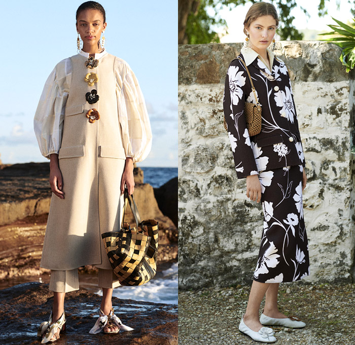 Tory Burch 2021 Pre-Fall Autumn Womens Lookbook Presentation - Simplicity Fruit Basket Quilted Poncho Onesie Shirtdress Caftan Hibiscus Flowers Floral Knit Crochet Vest Tabard Sweater Kimono Jacket Poufy Puff Sleeves Blouse Gingham Picnic Check Pantsuit Pussycat Bow Pompoms Lace Embroidery Tweed Fringes Sheer Chiffon Bedazzled Sequins Tassels Trompe L'oeil Wide Leg Cropped Pants Jogger Midi Skirt Strings Cinch Dress Gown Weave Handbag Clutch Sneakers Snakeskin Sandals Flats