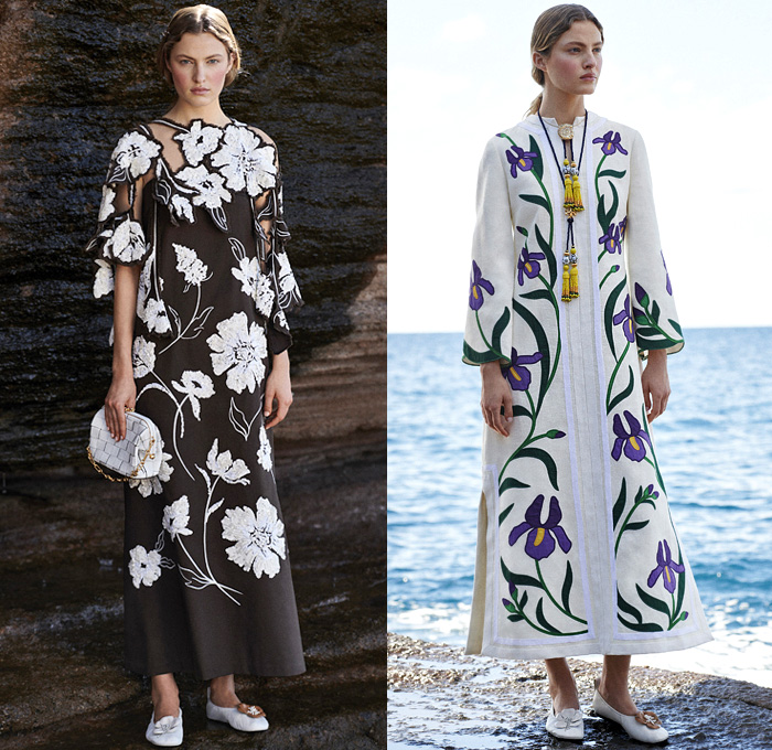 Tory Burch 2021 Pre-Fall Autumn Womens Lookbook Presentation - Simplicity Fruit Basket Quilted Poncho Onesie Shirtdress Caftan Hibiscus Flowers Floral Knit Crochet Vest Tabard Sweater Kimono Jacket Poufy Puff Sleeves Blouse Gingham Picnic Check Pantsuit Pussycat Bow Pompoms Lace Embroidery Tweed Fringes Sheer Chiffon Bedazzled Sequins Tassels Trompe L'oeil Wide Leg Cropped Pants Jogger Midi Skirt Strings Cinch Dress Gown Weave Handbag Clutch Sneakers Snakeskin Sandals Flats