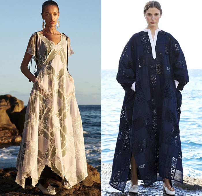 Tory Burch 2021 Pre-Fall Autumn Womens Lookbook Presentation - Simplicity Fruit Basket Quilted Poncho Onesie Shirtdress Caftan Hibiscus Flowers Floral Knit Crochet Vest Tabard Sweater Kimono Jacket Poufy Puff Sleeves Blouse Gingham Picnic Check Pantsuit Pussycat Bow Pompoms Lace Embroidery Tweed Fringes Sheer Chiffon Bedazzled Sequins Tassels Trompe L'oeil Wide Leg Cropped Pants Jogger Midi Skirt Strings Cinch Dress Gown Weave Handbag Clutch Sneakers Snakeskin Sandals Flats