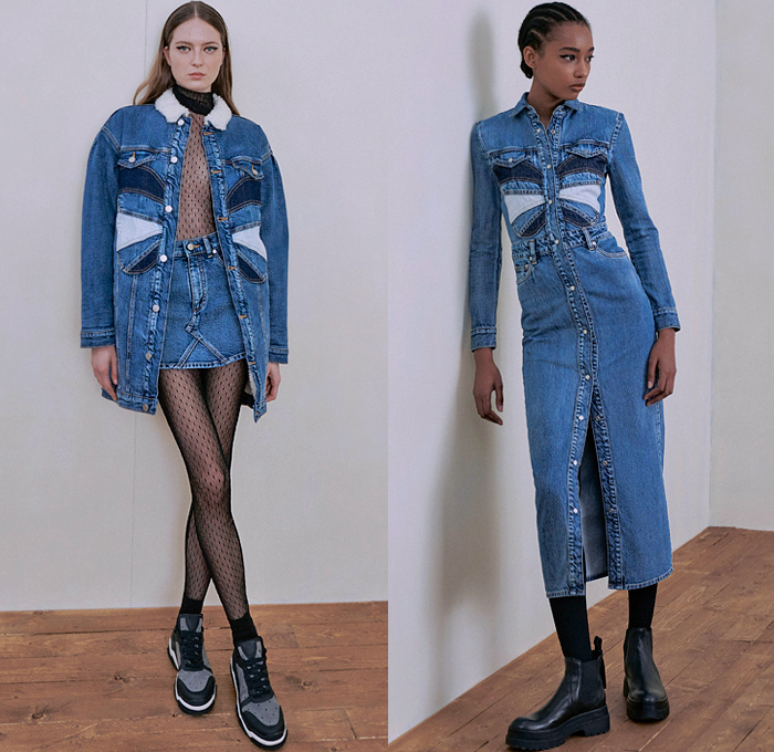REDValentino 2021-2022 Fall Autumn Winter Womens Lookbook Presentation - Paris Fashion Week Femme PFW - Patchwork Butterfly Denim Jeans Shirtdress Shearling Quilted Puffer Parka Coat Bomber Biker Jacket Sweatshirt Miniskirt Sheer Tulle Tutu Knit Turtleneck Sweater Cardigan Ruffles Frills Crop Top Midriff Fringes Sash Bow Flowers Floral Fleece Wool Check Shirt Lace Embroidery Trackpants Jogger Trench Dress Puff Sleeves Latex Stockings Leggings Miniskirt Hotpants Boots Sneakers Tote Bag