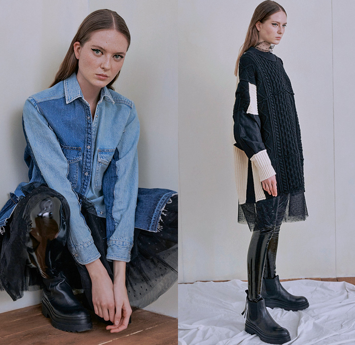 REDValentino 2021-2022 Fall Autumn Winter Womens Lookbook Presentation - Paris Fashion Week Femme PFW - Patchwork Butterfly Denim Jeans Shirtdress Shearling Quilted Puffer Parka Coat Bomber Biker Jacket Sweatshirt Miniskirt Sheer Tulle Tutu Knit Turtleneck Sweater Cardigan Ruffles Frills Crop Top Midriff Fringes Sash Bow Flowers Floral Fleece Wool Check Shirt Lace Embroidery Trackpants Jogger Trench Dress Puff Sleeves Latex Stockings Leggings Miniskirt Hotpants Boots Sneakers Tote Bag