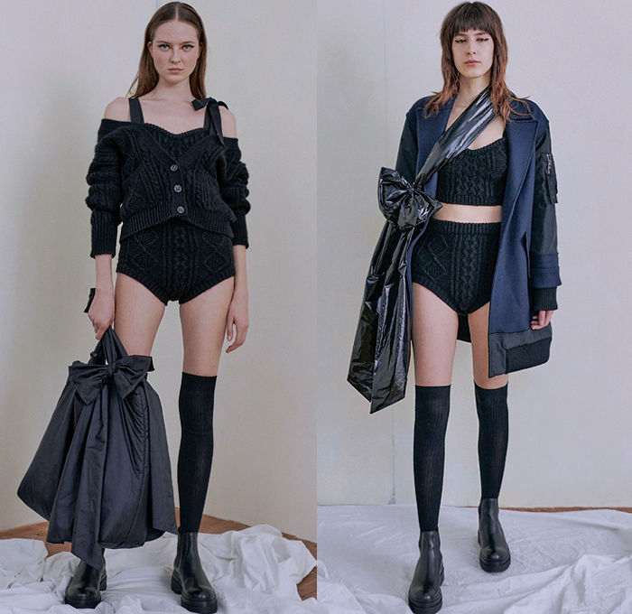 REDValentino 2021-2022 Fall Autumn Winter Womens Lookbook Presentation - Paris Fashion Week Femme PFW - Patchwork Butterfly Denim Jeans Shirtdress Shearling Quilted Puffer Parka Coat Bomber Biker Jacket Sweatshirt Miniskirt Sheer Tulle Tutu Knit Turtleneck Sweater Cardigan Ruffles Frills Crop Top Midriff Fringes Sash Bow Flowers Floral Fleece Wool Check Shirt Lace Embroidery Trackpants Jogger Trench Dress Puff Sleeves Latex Stockings Leggings Miniskirt Hotpants Boots Sneakers Tote Bag