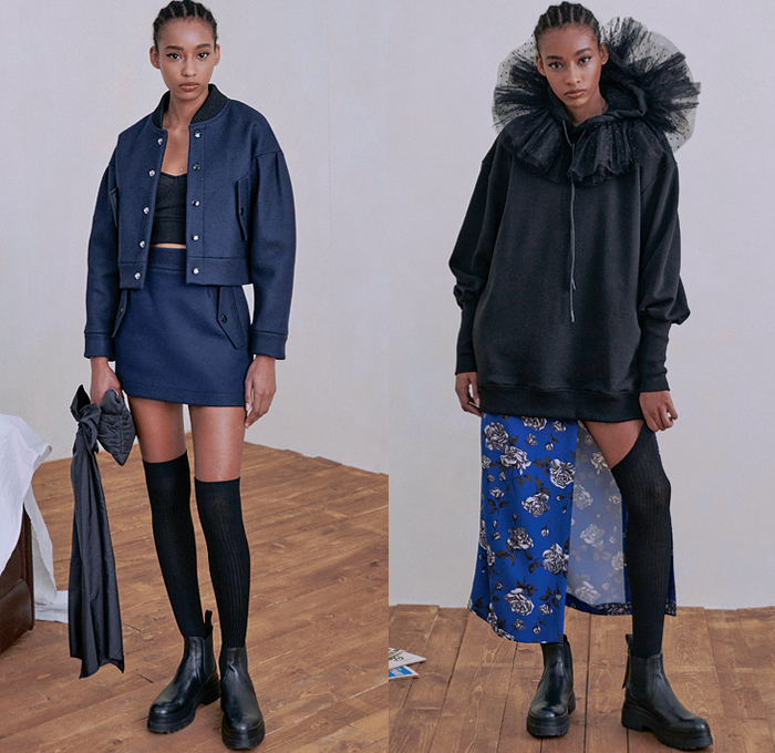 REDValentino 2021-2022 Fall Autumn Winter Womens Lookbook Presentation - Paris Fashion Week Femme PFW - Patchwork Butterfly Denim Jeans Shirtdress Shearling Quilted Puffer Parka Coat Bomber Biker Jacket Sweatshirt Miniskirt Sheer Tulle Tutu Knit Turtleneck Sweater Cardigan Ruffles Frills Crop Top Midriff Fringes Sash Bow Flowers Floral Fleece Wool Check Shirt Lace Embroidery Trackpants Jogger Trench Dress Puff Sleeves Latex Stockings Leggings Miniskirt Hotpants Boots Sneakers Tote Bag