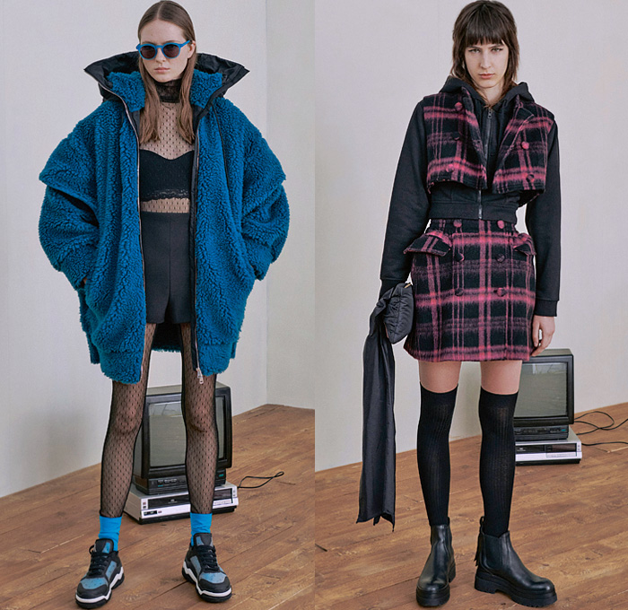 REDValentino 2021-2022 Fall Autumn Winter Womens Lookbook Presentation - Paris Fashion Week Femme PFW - Patchwork Butterfly Denim Jeans Shirtdress Shearling Quilted Puffer Parka Coat Bomber Biker Jacket Sweatshirt Miniskirt Sheer Tulle Tutu Knit Turtleneck Sweater Cardigan Ruffles Frills Crop Top Midriff Fringes Sash Bow Flowers Floral Fleece Wool Check Shirt Lace Embroidery Trackpants Jogger Trench Dress Puff Sleeves Latex Stockings Leggings Miniskirt Hotpants Boots Sneakers Tote Bag