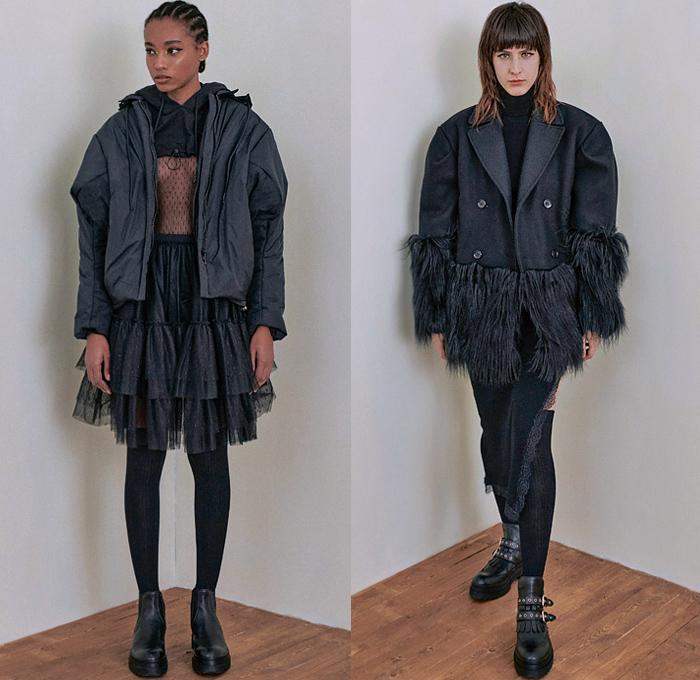 REDValentino 2021-2022 Fall Autumn Winter Womens Lookbook Presentation - Paris Fashion Week Femme PFW - Patchwork Butterfly Denim Jeans Shirtdress Shearling Quilted Puffer Parka Coat Bomber Biker Jacket Sweatshirt Miniskirt Sheer Tulle Tutu Knit Turtleneck Sweater Cardigan Ruffles Frills Crop Top Midriff Fringes Sash Bow Flowers Floral Fleece Wool Check Shirt Lace Embroidery Trackpants Jogger Trench Dress Puff Sleeves Latex Stockings Leggings Miniskirt Hotpants Boots Sneakers Tote Bag