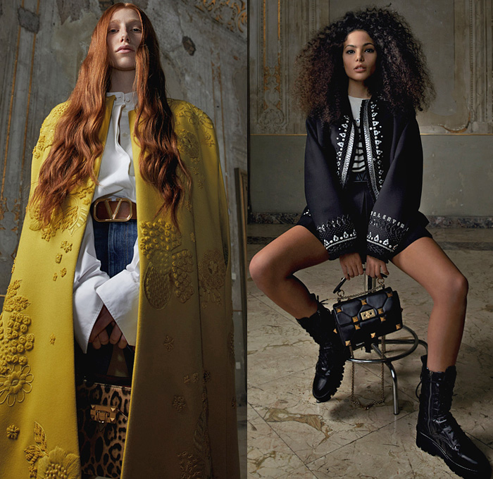 Valentino 2021 Pre-Fall Autumn Womens Lookbook Presentation - Roman Palazzo Roses Flowers Floral Accordion Pleats Blazer Crop Top Midriff Leopard Cheetah Jacket Fair Isle Knit Crochet Sweater Hoodie Sweatshirt V Logo Bedazzled Embroidery Sequins Beads Crystals Metal Studs Knots Lace Intarsia Eyelets Mesh Shirtdress Tiered Ruffles Sheer Tulle Strapless Dress Butterflies Gown Poncho Rope Fringes Coat Shorts Denim Jeans Handbag Boots Gladiator Ribbons Kitten Heels Gloves Sneakers