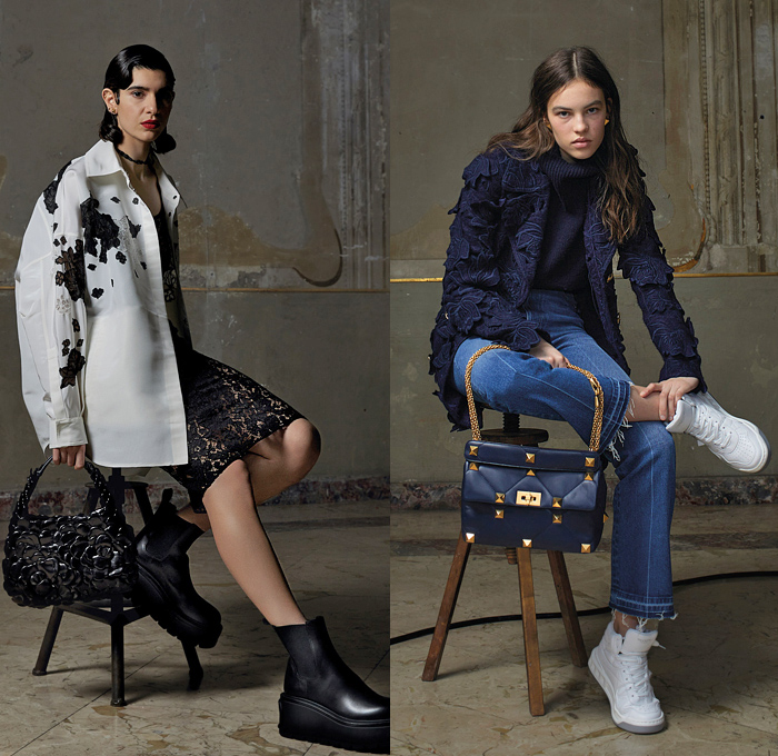 Valentino 2021 Pre-Fall Autumn Womens Lookbook Presentation - Roman Palazzo Roses Flowers Floral Accordion Pleats Blazer Crop Top Midriff Leopard Cheetah Jacket Fair Isle Knit Crochet Sweater Hoodie Sweatshirt V Logo Bedazzled Embroidery Sequins Beads Crystals Metal Studs Knots Lace Intarsia Eyelets Mesh Shirtdress Tiered Ruffles Sheer Tulle Strapless Dress Butterflies Gown Poncho Rope Fringes Coat Shorts Denim Jeans Handbag Boots Gladiator Ribbons Kitten Heels Gloves Sneakers