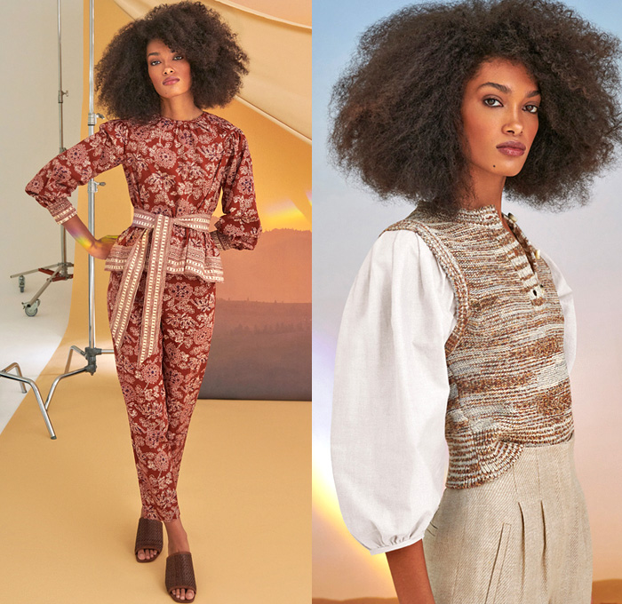 Veronica Beard 2021 Pre-Fall Autumn Womens Lookbook Presentation - Carefree Relaxed Chambray Patchwork Denim Jeans Tweed Jacket Utility Pockets Flare Faded Cropped Check Plaid Onesie Jumpsuit Coveralls All-in-One Quilted Coat Knit Vest Weave Braid Sweater Cardigan Ombré Cinch Drawstring Sweats Flowers Floral Loungewear Sleepwear Pajamas Poufy Shoulders Puff Sleeves Midi Skirt Prairie Dress Shorts Clogs 