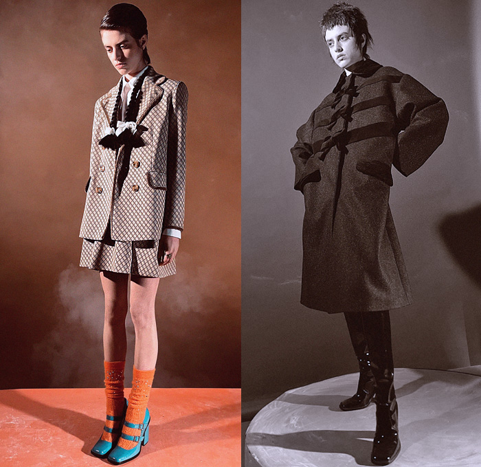 Vivetta 2021-2022 Fall Autumn Winter Womens Lookbook Presentation - Milano Moda Donna Milan Fashion Week Italy - Psychedelic Hypnotic Warping Flowers Floral Quilted Puffer Coat Floppy Hat A-Line Dress Metallic Sheen Blouse Wide Puritan Sailor Collar Shirtdress Sweatshirt Hoodie Ponytail Braid Drawstring Miniskirt Lattice Check Prairie Peasant Dress Embroidery Deconstructed Knit Lace Leggings Tights Blazer Pantsuit Pinstripe Sheer Tulle Mesh Tiered Ruffles Mary Jane Shoes Boots