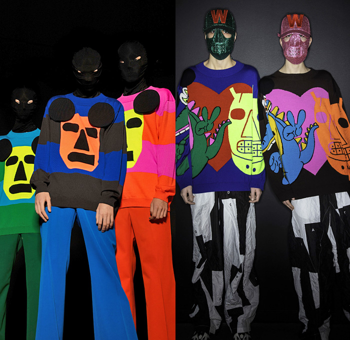 Walter Van Beirendonck 2021-2022 Fall Autumn Winter Mens Lookbook Presentation - Paris Fashion Week Mens Homme Automne Hiver - Future Proof Rivets Plastic Face Luchador Wrestling Mask Illustrations Drawings Walterman Puk Puk Sado Aliens Trackwear Bomber Jacket Streetwear Pop Art Cartoons Crocodile Cap Bedazzled Sequins Hand Signs Coat Satchel Blazer Paint Plaid Check Knit Stripes Sweater Sweatshirt Dead Mouse Camouflage Loungewear Wide Leg Baggy Pants Hazmat Bio-Hazard Suit