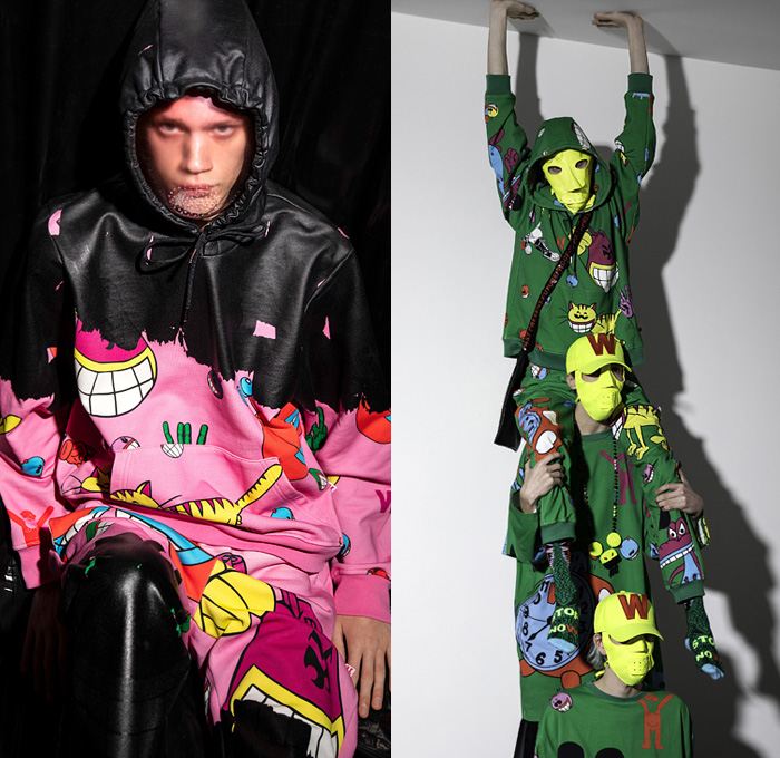 Walter Van Beirendonck 2021-2022 Fall Autumn Winter Mens Lookbook Presentation - Paris Fashion Week Mens Homme Automne Hiver - Future Proof Rivets Plastic Face Luchador Wrestling Mask Illustrations Drawings Walterman Puk Puk Sado Aliens Trackwear Bomber Jacket Streetwear Pop Art Cartoons Crocodile Cap Bedazzled Sequins Hand Signs Coat Satchel Blazer Paint Plaid Check Knit Stripes Sweater Sweatshirt Dead Mouse Camouflage Loungewear Wide Leg Baggy Pants Hazmat Bio-Hazard Suit