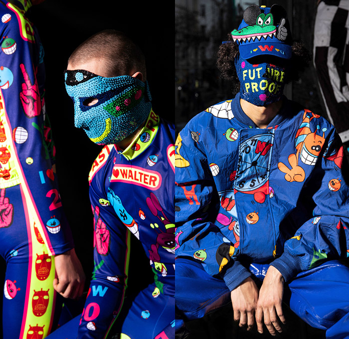 Walter Van Beirendonck 2021-2022 Fall Autumn Winter Mens Lookbook Presentation - Paris Fashion Week Mens Homme Automne Hiver - Future Proof Rivets Plastic Face Luchador Wrestling Mask Illustrations Drawings Walterman Puk Puk Sado Aliens Trackwear Bomber Jacket Streetwear Pop Art Cartoons Crocodile Cap Bedazzled Sequins Hand Signs Coat Satchel Blazer Paint Plaid Check Knit Stripes Sweater Sweatshirt Dead Mouse Camouflage Loungewear Wide Leg Baggy Pants Hazmat Bio-Hazard Suit