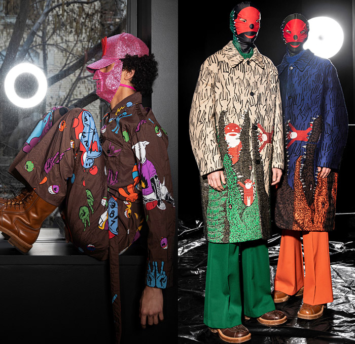 Walter Van Beirendonck 2021-2022 Fall Autumn Winter Mens Lookbook Presentation - Paris Fashion Week Mens Homme Automne Hiver - Future Proof Rivets Plastic Face Luchador Wrestling Mask Illustrations Drawings Walterman Puk Puk Sado Aliens Trackwear Bomber Jacket Streetwear Pop Art Cartoons Crocodile Cap Bedazzled Sequins Hand Signs Coat Satchel Blazer Paint Plaid Check Knit Stripes Sweater Sweatshirt Dead Mouse Camouflage Loungewear Wide Leg Baggy Pants Hazmat Bio-Hazard Suit