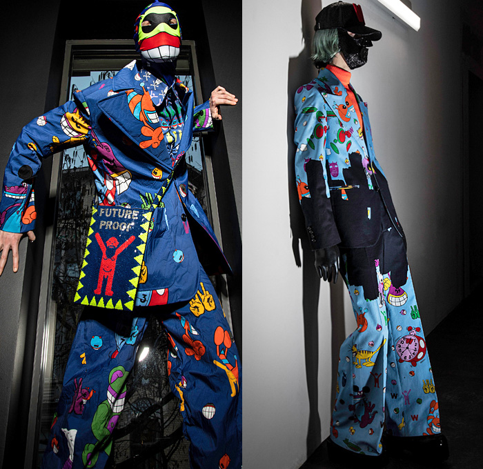 Walter Van Beirendonck 2021-2022 Fall Autumn Winter Mens Lookbook Presentation - Paris Fashion Week Mens Homme Automne Hiver - Future Proof Rivets Plastic Face Luchador Wrestling Mask Illustrations Drawings Walterman Puk Puk Sado Aliens Trackwear Bomber Jacket Streetwear Pop Art Cartoons Crocodile Cap Bedazzled Sequins Hand Signs Coat Satchel Blazer Paint Plaid Check Knit Stripes Sweater Sweatshirt Dead Mouse Camouflage Loungewear Wide Leg Baggy Pants Hazmat Bio-Hazard Suit