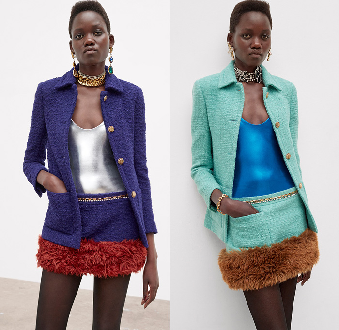 Saint Laurent 2021-2022 Fall Autumn Winter Womens Lookbook Presentation - Tweed Blazer Jacket Metallic Tank Top Bedazzled Crystals Gems Sequins Beads Knit Turtleneck Sweater Cardigan Check Bow Brocade Jacquard Velvet Vest Onesie Bodysuit Leotard Coveralls Slashed Crop Top Midriff Sheer Tulle Ruffles Nightgown Négligée Puff Ball Pockets Denim Jeans Hotpants Culottes Shorts Patchwork Miniskirt Fringes Feathers Fur Tights Stockings Riding Boots Ushanka Handbag Cap Toe Sunglasses Gloves