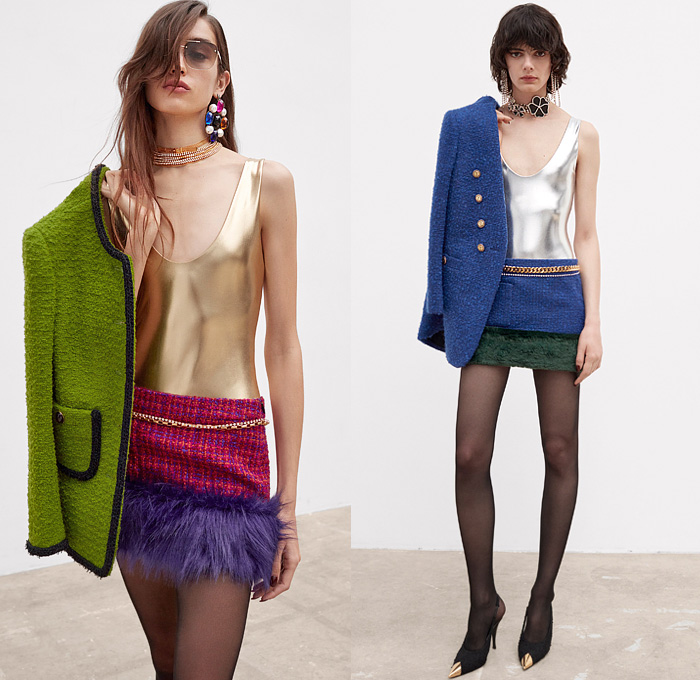 Saint Laurent 2021-2022 Fall Autumn Winter Womens Lookbook Presentation - Tweed Blazer Jacket Metallic Tank Top Bedazzled Crystals Gems Sequins Beads Knit Turtleneck Sweater Cardigan Check Bow Brocade Jacquard Velvet Vest Onesie Bodysuit Leotard Coveralls Slashed Crop Top Midriff Sheer Tulle Ruffles Nightgown Négligée Puff Ball Pockets Denim Jeans Hotpants Culottes Shorts Patchwork Miniskirt Fringes Feathers Fur Tights Stockings Riding Boots Ushanka Handbag Cap Toe Sunglasses Gloves