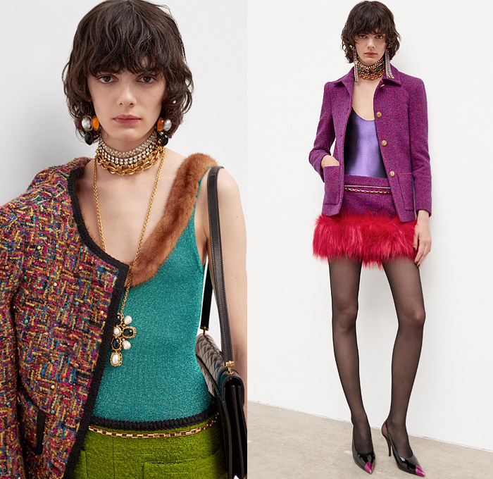 Saint Laurent 2021-2022 Fall Autumn Winter Womens Lookbook Presentation - Tweed Blazer Jacket Metallic Tank Top Bedazzled Crystals Gems Sequins Beads Knit Turtleneck Sweater Cardigan Check Bow Brocade Jacquard Velvet Vest Onesie Bodysuit Leotard Coveralls Slashed Crop Top Midriff Sheer Tulle Ruffles Nightgown Négligée Puff Ball Pockets Denim Jeans Hotpants Culottes Shorts Patchwork Miniskirt Fringes Feathers Fur Tights Stockings Riding Boots Ushanka Handbag Cap Toe Sunglasses Gloves