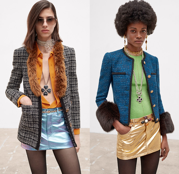 Saint Laurent 2021-2022 Fall Autumn Winter Womens Lookbook Presentation - Tweed Blazer Jacket Metallic Tank Top Bedazzled Crystals Gems Sequins Beads Knit Turtleneck Sweater Cardigan Check Bow Brocade Jacquard Velvet Vest Onesie Bodysuit Leotard Coveralls Slashed Crop Top Midriff Sheer Tulle Ruffles Nightgown Négligée Puff Ball Pockets Denim Jeans Hotpants Culottes Shorts Patchwork Miniskirt Fringes Feathers Fur Tights Stockings Riding Boots Ushanka Handbag Cap Toe Sunglasses Gloves