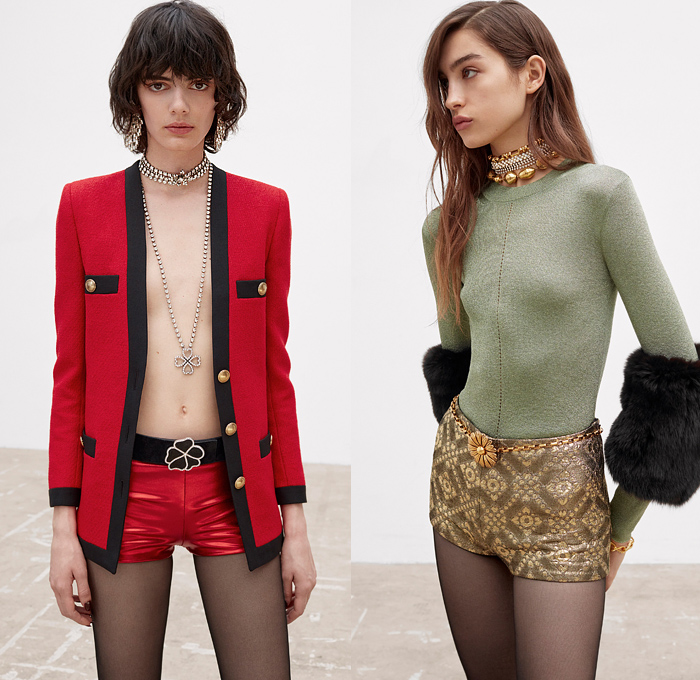 Saint Laurent 2021-2022 Fall Autumn Winter Womens Lookbook Presentation - Tweed Blazer Jacket Metallic Tank Top Bedazzled Crystals Gems Sequins Beads Knit Turtleneck Sweater Cardigan Check Bow Brocade Jacquard Velvet Vest Onesie Bodysuit Leotard Coveralls Slashed Crop Top Midriff Sheer Tulle Ruffles Nightgown Négligée Puff Ball Pockets Denim Jeans Hotpants Culottes Shorts Patchwork Miniskirt Fringes Feathers Fur Tights Stockings Riding Boots Ushanka Handbag Cap Toe Sunglasses Gloves