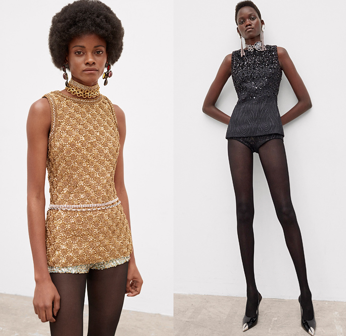 Saint Laurent 2021-2022 Fall Autumn Winter Womens Lookbook Presentation - Tweed Blazer Jacket Metallic Tank Top Bedazzled Crystals Gems Sequins Beads Knit Turtleneck Sweater Cardigan Check Bow Brocade Jacquard Velvet Vest Onesie Bodysuit Leotard Coveralls Slashed Crop Top Midriff Sheer Tulle Ruffles Nightgown Négligée Puff Ball Pockets Denim Jeans Hotpants Culottes Shorts Patchwork Miniskirt Fringes Feathers Fur Tights Stockings Riding Boots Ushanka Handbag Cap Toe Sunglasses Gloves