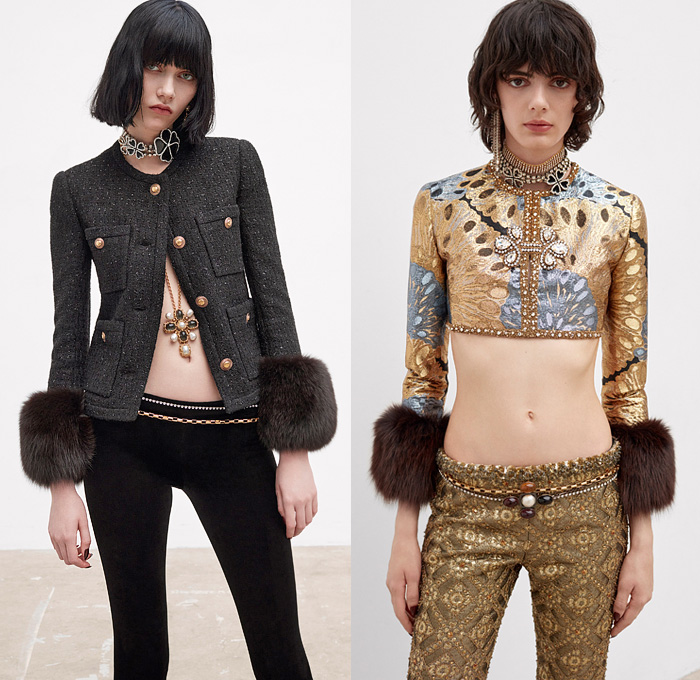 Saint Laurent 2021-2022 Fall Autumn Winter Womens Lookbook Presentation - Tweed Blazer Jacket Metallic Tank Top Bedazzled Crystals Gems Sequins Beads Knit Turtleneck Sweater Cardigan Check Bow Brocade Jacquard Velvet Vest Onesie Bodysuit Leotard Coveralls Slashed Crop Top Midriff Sheer Tulle Ruffles Nightgown Négligée Puff Ball Pockets Denim Jeans Hotpants Culottes Shorts Patchwork Miniskirt Fringes Feathers Fur Tights Stockings Riding Boots Ushanka Handbag Cap Toe Sunglasses Gloves