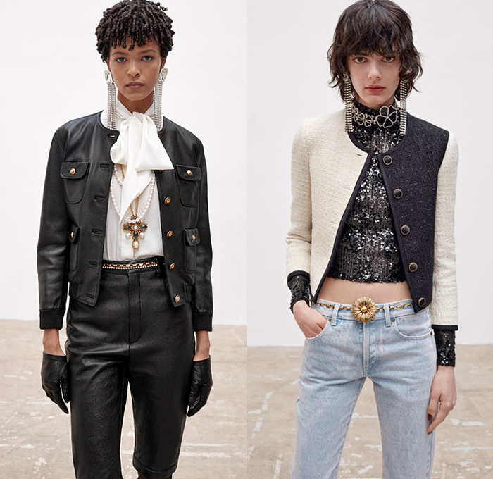 Saint Laurent 2021-2022 Fall Autumn Winter Womens Lookbook Presentation - Tweed Blazer Jacket Metallic Tank Top Bedazzled Crystals Gems Sequins Beads Knit Turtleneck Sweater Cardigan Check Bow Brocade Jacquard Velvet Vest Onesie Bodysuit Leotard Coveralls Slashed Crop Top Midriff Sheer Tulle Ruffles Nightgown Négligée Puff Ball Pockets Denim Jeans Hotpants Culottes Shorts Patchwork Miniskirt Fringes Feathers Fur Tights Stockings Riding Boots Ushanka Handbag Cap Toe Sunglasses Gloves