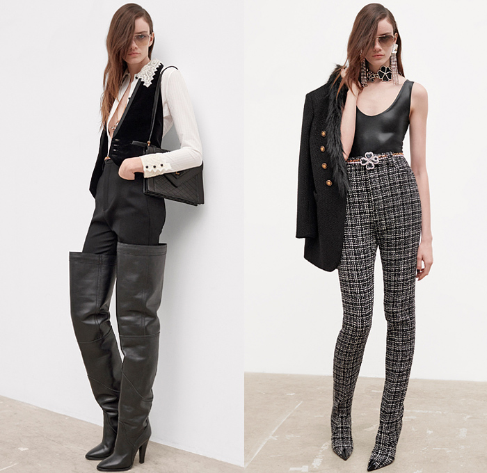 Saint Laurent 2021-2022 Fall Autumn Winter Womens Lookbook Presentation - Tweed Blazer Jacket Metallic Tank Top Bedazzled Crystals Gems Sequins Beads Knit Turtleneck Sweater Cardigan Check Bow Brocade Jacquard Velvet Vest Onesie Bodysuit Leotard Coveralls Slashed Crop Top Midriff Sheer Tulle Ruffles Nightgown Négligée Puff Ball Pockets Denim Jeans Hotpants Culottes Shorts Patchwork Miniskirt Fringes Feathers Fur Tights Stockings Riding Boots Ushanka Handbag Cap Toe Sunglasses Gloves