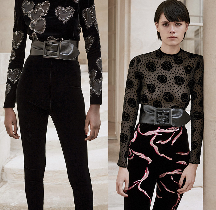 Saint Laurent 2021 Pre-Fall Autumn Womens Lookbook Presentation - Anthony Vaccarello - Sunglasses Fur Plush Vest Blouse Check Plaid Lattice Flowers Floral Ruffles Sequins Crystals Peter Pan Collar Lace Embroidery Houndstooth Blazer Aviator Jacket Trench Coat Suede Corduroy Velvet Knit Crochet Turtleneck Sweater Cardigan Polka Dots Hearts Sheer Mesh Strapless Prairie Dress Miniskirt Stripes Denim Jeans Wrapped Boots Pants PVC Vinyl Culottes Shorts Tights Stockings Handbag Hat