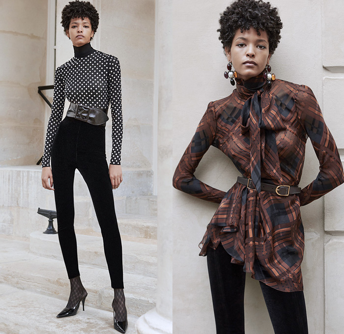 Saint Laurent 2021 Pre-Fall Autumn Womens Lookbook Presentation - Anthony Vaccarello - Sunglasses Fur Plush Vest Blouse Check Plaid Lattice Flowers Floral Ruffles Sequins Crystals Peter Pan Collar Lace Embroidery Houndstooth Blazer Aviator Jacket Trench Coat Suede Corduroy Velvet Knit Crochet Turtleneck Sweater Cardigan Polka Dots Hearts Sheer Mesh Strapless Prairie Dress Miniskirt Stripes Denim Jeans Wrapped Boots Pants PVC Vinyl Culottes Shorts Tights Stockings Handbag Hat