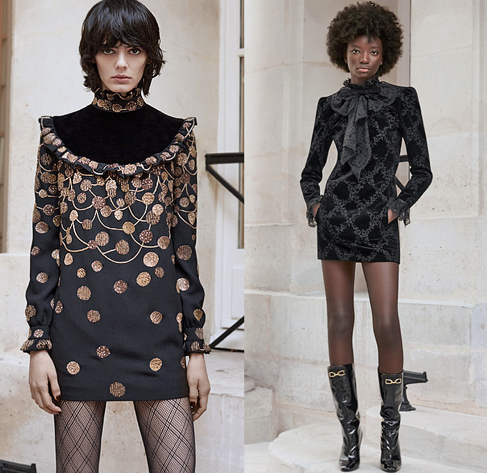 Saint Laurent 2021 Pre-Fall Autumn Womens Lookbook Presentation - Anthony Vaccarello - Sunglasses Fur Plush Vest Blouse Check Plaid Lattice Flowers Floral Ruffles Sequins Crystals Peter Pan Collar Lace Embroidery Houndstooth Blazer Aviator Jacket Trench Coat Suede Corduroy Velvet Knit Crochet Turtleneck Sweater Cardigan Polka Dots Hearts Sheer Mesh Strapless Prairie Dress Miniskirt Stripes Denim Jeans Wrapped Boots Pants PVC Vinyl Culottes Shorts Tights Stockings Handbag Hat