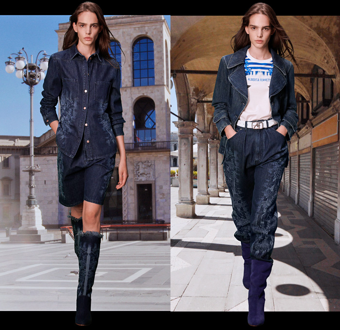 Alberta Ferretti 2021 Resort Cruise Pre-Spring Womens Lookbook Presentation - A Tribute to Italy Blue Rhapsody Pink Draped Slip Sheath Dress Gabardine Trench Coat Handwoven Nappa Raffia Fringes Bedazzled Lace Macrame Needlework Embroidery Silk Satin Sheer Chiffon Strapless Gown Knit Crochet Mesh Sweater Shirtdress Flowers Floral Decorative Art Accordion Pleats Noodle Strap Oversleeve One Shoulder Pantsuit Blouse Denim Jeans Shorts Buckle Bag Suede Boots