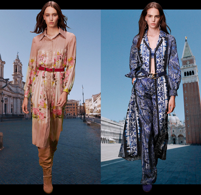 Alberta Ferretti 2021 Resort Cruise Pre-Spring Womens Lookbook Presentation - A Tribute to Italy Blue Rhapsody Pink Draped Slip Sheath Dress Gabardine Trench Coat Handwoven Nappa Raffia Fringes Bedazzled Lace Macrame Needlework Embroidery Silk Satin Sheer Chiffon Strapless Gown Knit Crochet Mesh Sweater Shirtdress Flowers Floral Decorative Art Accordion Pleats Noodle Strap Oversleeve One Shoulder Pantsuit Blouse Denim Jeans Shorts Buckle Bag Suede Boots