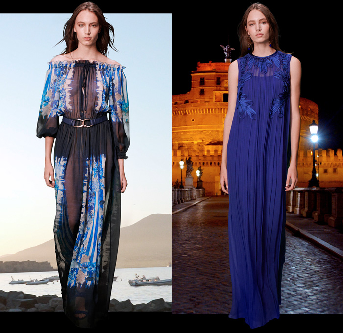 Alberta Ferretti 2021 Resort Cruise Pre-Spring Womens Lookbook Presentation - A Tribute to Italy Blue Rhapsody Pink Draped Slip Sheath Dress Gabardine Trench Coat Handwoven Nappa Raffia Fringes Bedazzled Lace Macrame Needlework Embroidery Silk Satin Sheer Chiffon Strapless Gown Knit Crochet Mesh Sweater Shirtdress Flowers Floral Decorative Art Accordion Pleats Noodle Strap Oversleeve One Shoulder Pantsuit Blouse Denim Jeans Shorts Buckle Bag Suede Boots