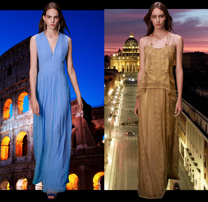 Alberta Ferretti 2021 Resort Cruise Pre-Spring Womens Lookbook Presentation - A Tribute to Italy Blue Rhapsody Pink Draped Slip Sheath Dress Gabardine Trench Coat Handwoven Nappa Raffia Fringes Bedazzled Lace Macrame Needlework Embroidery Silk Satin Sheer Chiffon Strapless Gown Knit Crochet Mesh Sweater Shirtdress Flowers Floral Decorative Art Accordion Pleats Noodle Strap Oversleeve One Shoulder Pantsuit Blouse Denim Jeans Shorts Buckle Bag Suede Boots