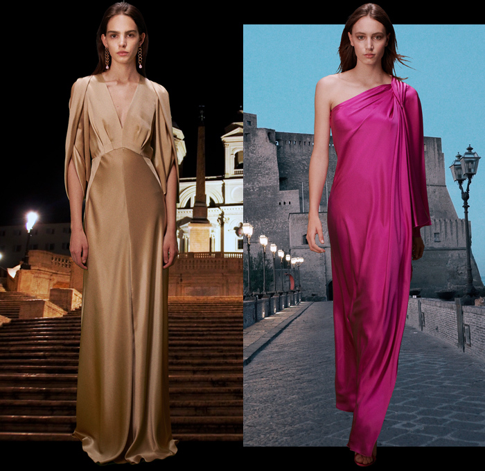 Alberta Ferretti 2021 Resort Cruise Pre-Spring Womens Lookbook Presentation - A Tribute to Italy Blue Rhapsody Pink Draped Slip Sheath Dress Gabardine Trench Coat Handwoven Nappa Raffia Fringes Bedazzled Lace Macrame Needlework Embroidery Silk Satin Sheer Chiffon Strapless Gown Knit Crochet Mesh Sweater Shirtdress Flowers Floral Decorative Art Accordion Pleats Noodle Strap Oversleeve One Shoulder Pantsuit Blouse Denim Jeans Shorts Buckle Bag Suede Boots