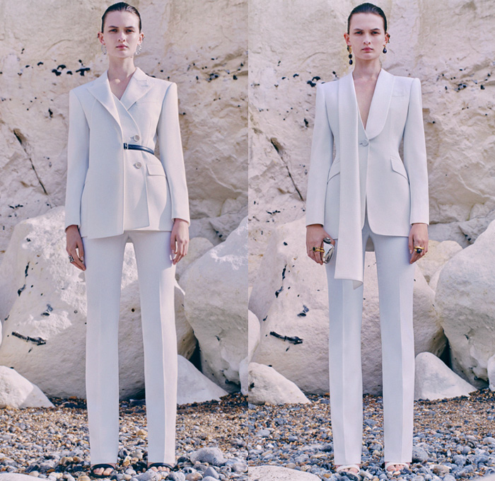 Alexander McQueen 2021 Resort Cruise Pre-Spring Womens Lookbook Presentation - Overprinted Overdyed Renewed Hybrid Deconstructed Dip-Dye Dégradé Ombré Tailored Tuxedo Jacket Blazer Pantsuit Lapelsash Peplum Silk Satin Sash Bow Ribbon Draped Flowers Floral Roses Off Shoulder Tiered Ruffles Asymmetrical Sketchbook Drawings Sheer Tulle Trench Coat Dress Patchwork Herringbone Check Motorcycle Biker Leather Zippers Lace Embroidery Poufy Puff Sleeves Stripes Gown Capelet Corset Handbag Clutch
