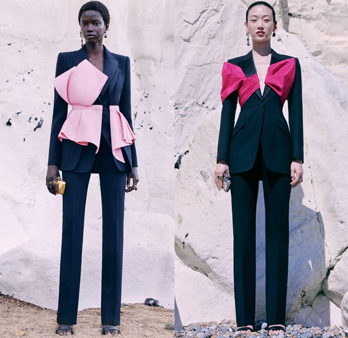 Alexander McQueen 2021 Resort Cruise Pre-Spring Womens Lookbook Presentation - Overprinted Overdyed Renewed Hybrid Deconstructed Dip-Dye Dégradé Ombré Tailored Tuxedo Jacket Blazer Pantsuit Lapelsash Peplum Silk Satin Sash Bow Ribbon Draped Flowers Floral Roses Off Shoulder Tiered Ruffles Asymmetrical Sketchbook Drawings Sheer Tulle Trench Coat Dress Patchwork Herringbone Check Motorcycle Biker Leather Zippers Lace Embroidery Poufy Puff Sleeves Stripes Gown Capelet Corset Handbag Clutch