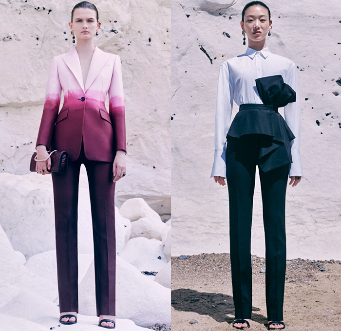 Alexander McQueen 2021 Resort Cruise Pre-Spring Womens Lookbook Presentation - Overprinted Overdyed Renewed Hybrid Deconstructed Dip-Dye Dégradé Ombré Tailored Tuxedo Jacket Blazer Pantsuit Lapelsash Peplum Silk Satin Sash Bow Ribbon Draped Flowers Floral Roses Off Shoulder Tiered Ruffles Asymmetrical Sketchbook Drawings Sheer Tulle Trench Coat Dress Patchwork Herringbone Check Motorcycle Biker Leather Zippers Lace Embroidery Poufy Puff Sleeves Stripes Gown Capelet Corset Handbag Clutch